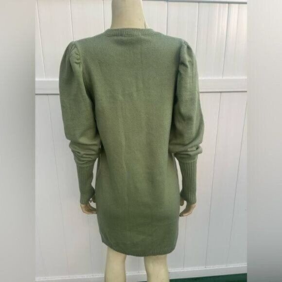 Wayf Sage Green Puff Long Sleeve Knit Sweater Dress Crew Neckline Size S - Picture 5 of 11